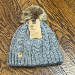 Timberland Gray Knit Beanie with Faux Fur Pom
